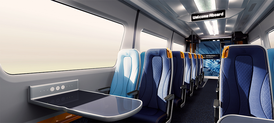 render of a train interior with blue seating