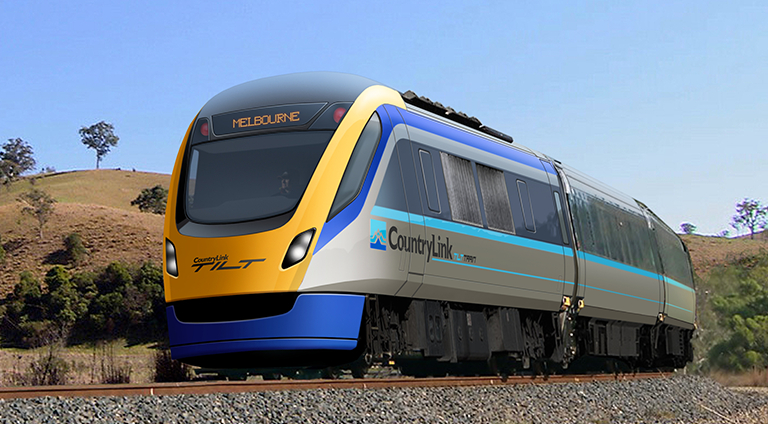 Ausrail-menu yellow, blue and grey train on track