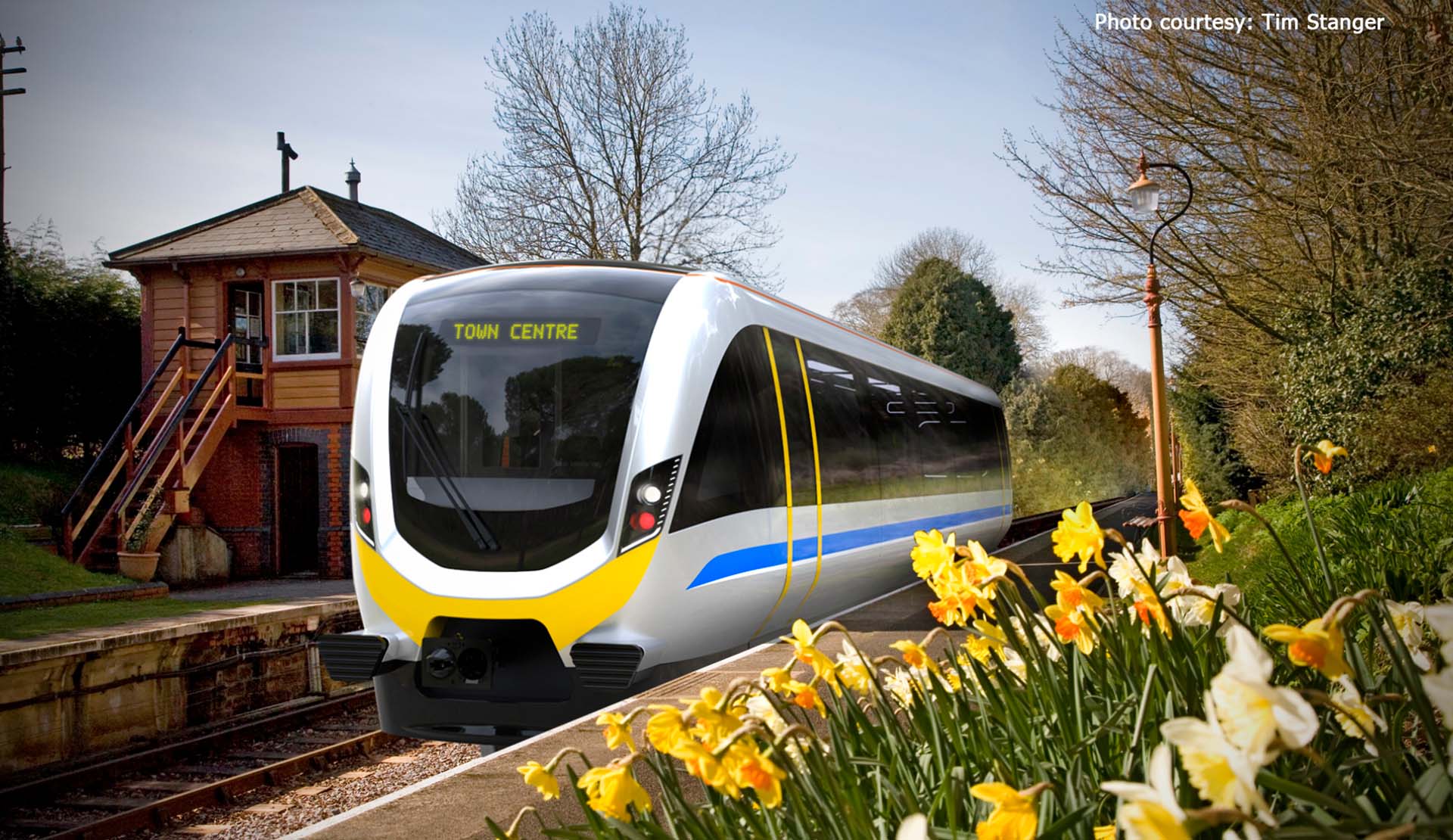 Render of a silver train on a track